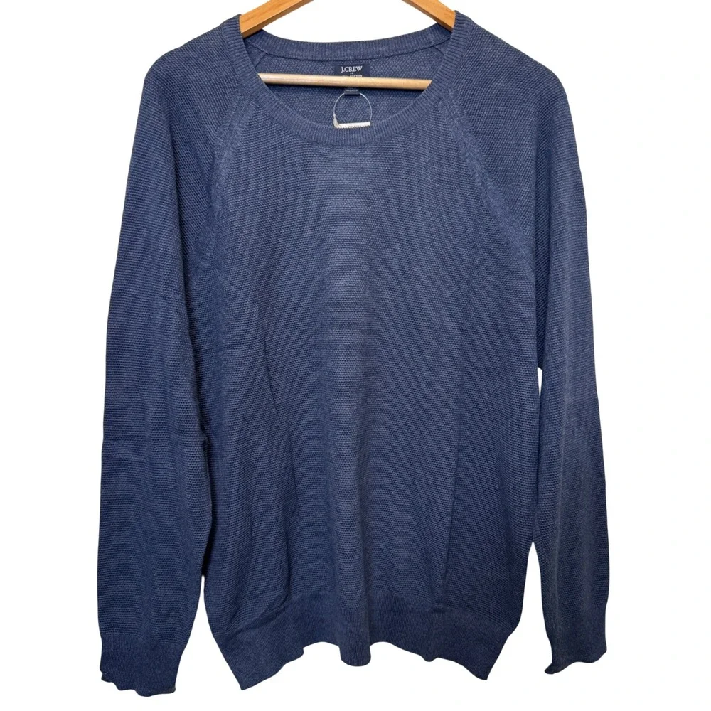 J.Crew Mens Sweater Large Blue Cotton Textured Raglan Crewneck Classic Preppy